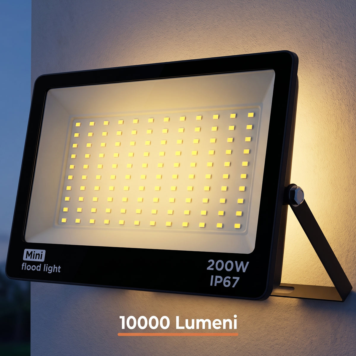 Proiector LED 200W IP67 pentru Exterior, 10000 Lumeni, 120 LED-uri, Lumină Caldă, cu Suport