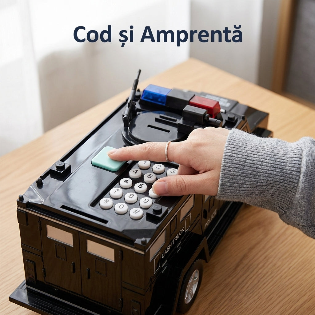 Pușculiță Electronică Mașină Blindată de Poliție, Cod PIN și Amprentă, Slot pentru Bancnote