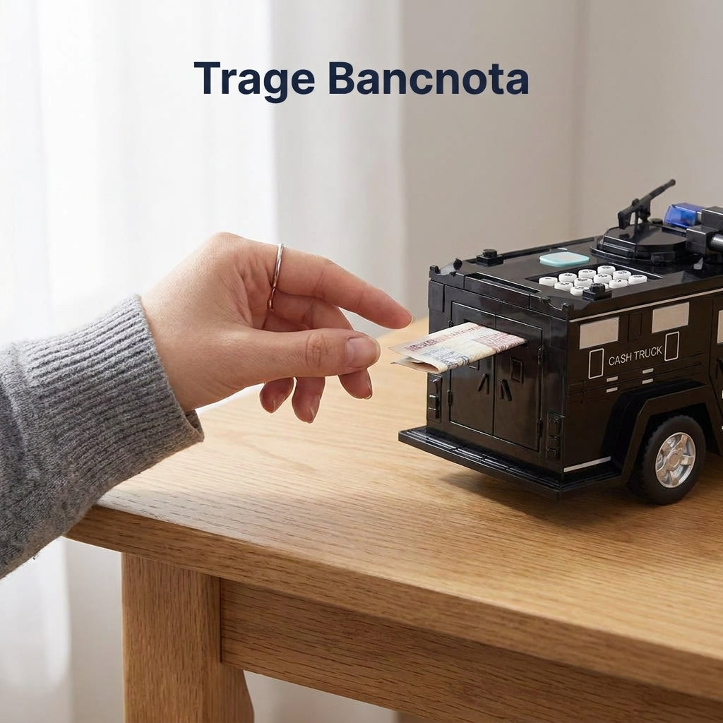Pușculiță Electronică Mașină Blindată de Poliție, Cod PIN și Amprentă, Slot pentru Bancnote