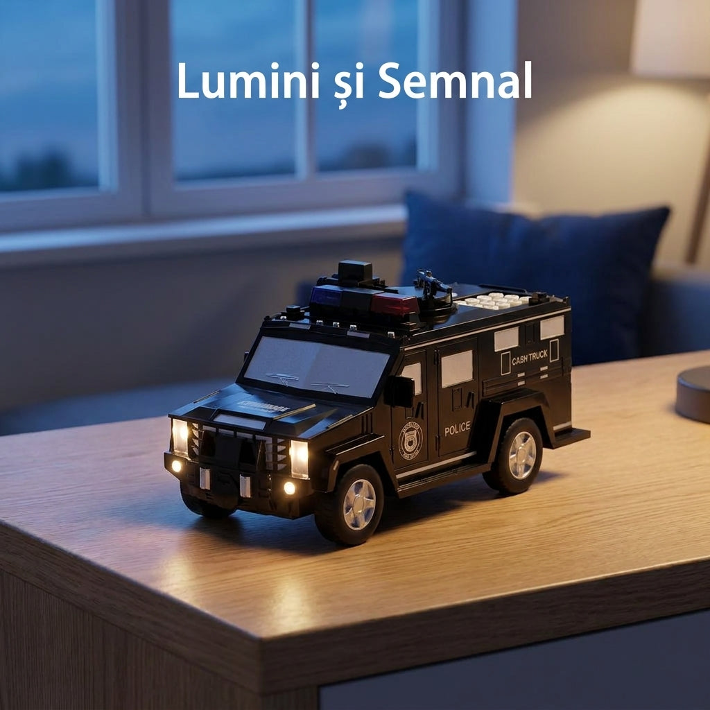 Pușculiță Electronică Mașină Blindată de Poliție, Cod PIN și Amprentă, Slot pentru Bancnote