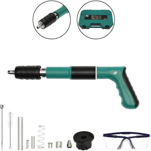 Pistol de cuie manual, multifuncțional, pentru beton și tavan – argintiu + set 100 cuie Trendysale.ro
