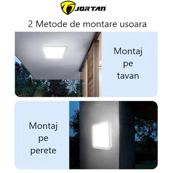 Plafoniera LED Jortan 100W cu Incarcare Solara, Lumina Rece sau Calda, Panou 23x30 cm, IP44, Telecomanda Inclusa Trendysale.ro