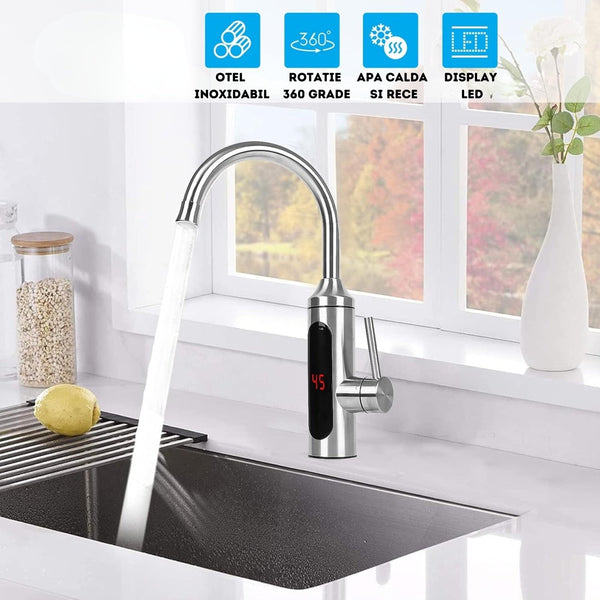 Robinet Electric Incalzit Apa Instant, LCD, Reglabil, Montare Chiuveta, Rotire 360°, Otel Inoxidabil Trendysale.ro