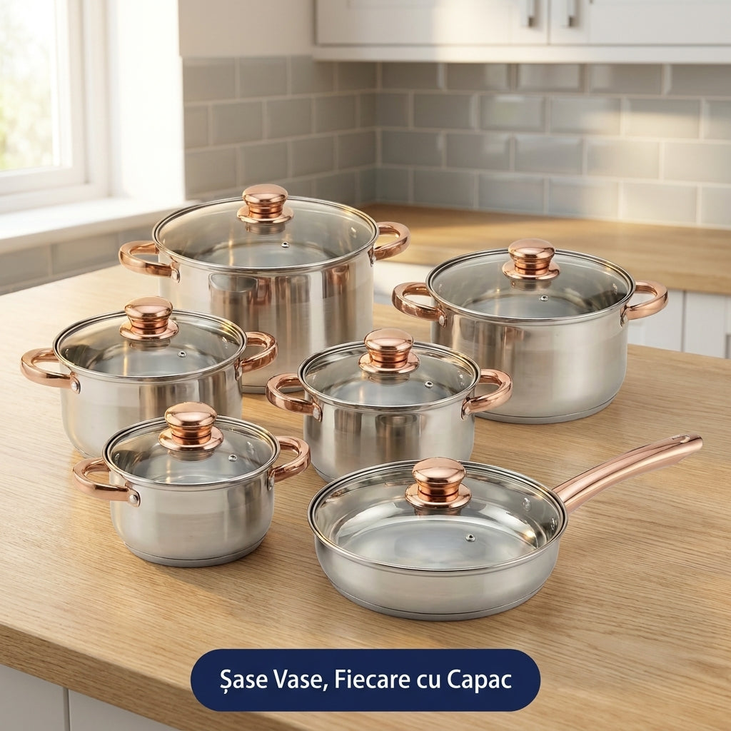 Set Oale și Tigaie Inox 12 Piese, 5 Straturi, Capace din Sticlă, Mânere Aramii, Compatibil Inducție