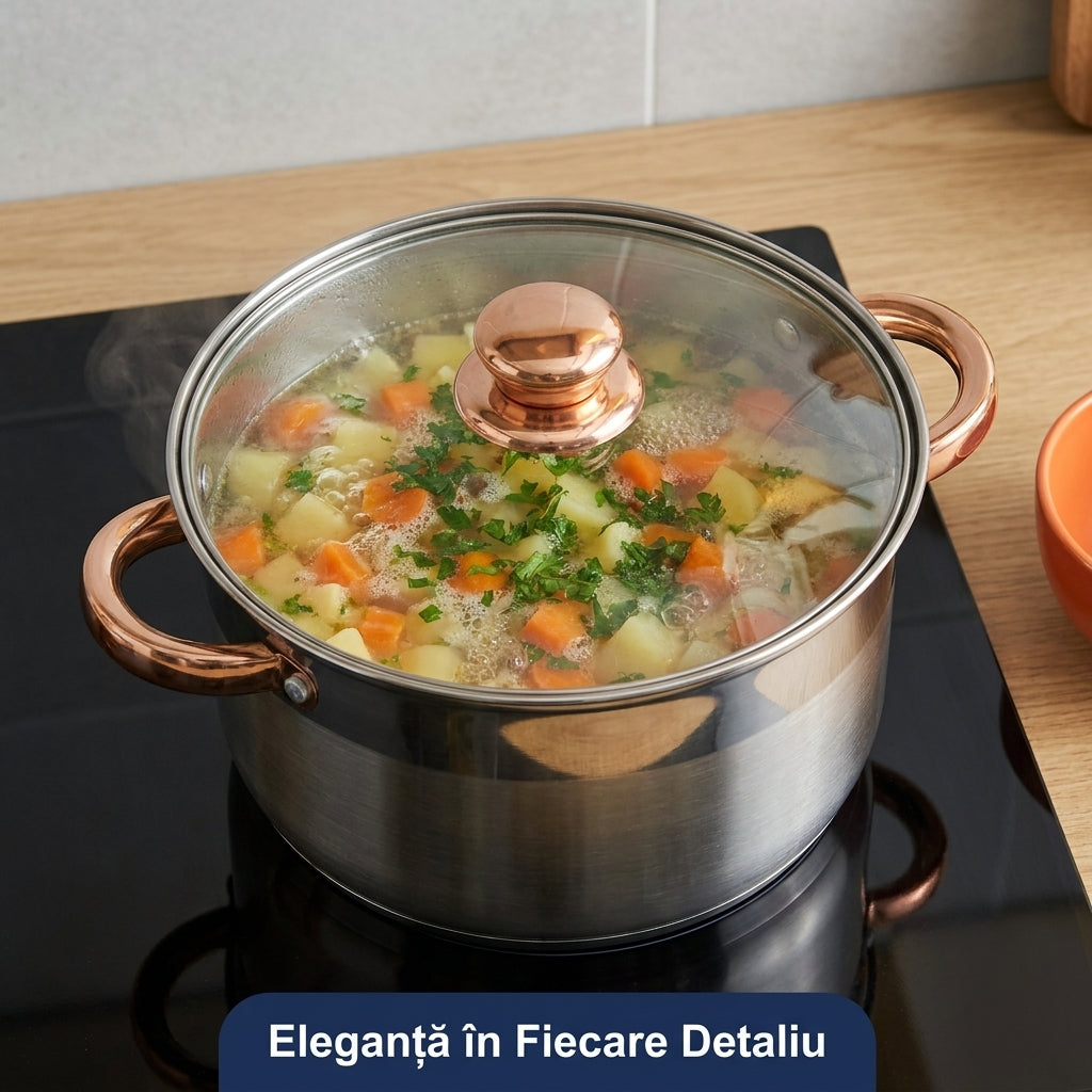 Set Oale și Tigaie Inox 12 Piese, 5 Straturi, Capace din Sticlă, Mânere Aramii, Compatibil Inducție
