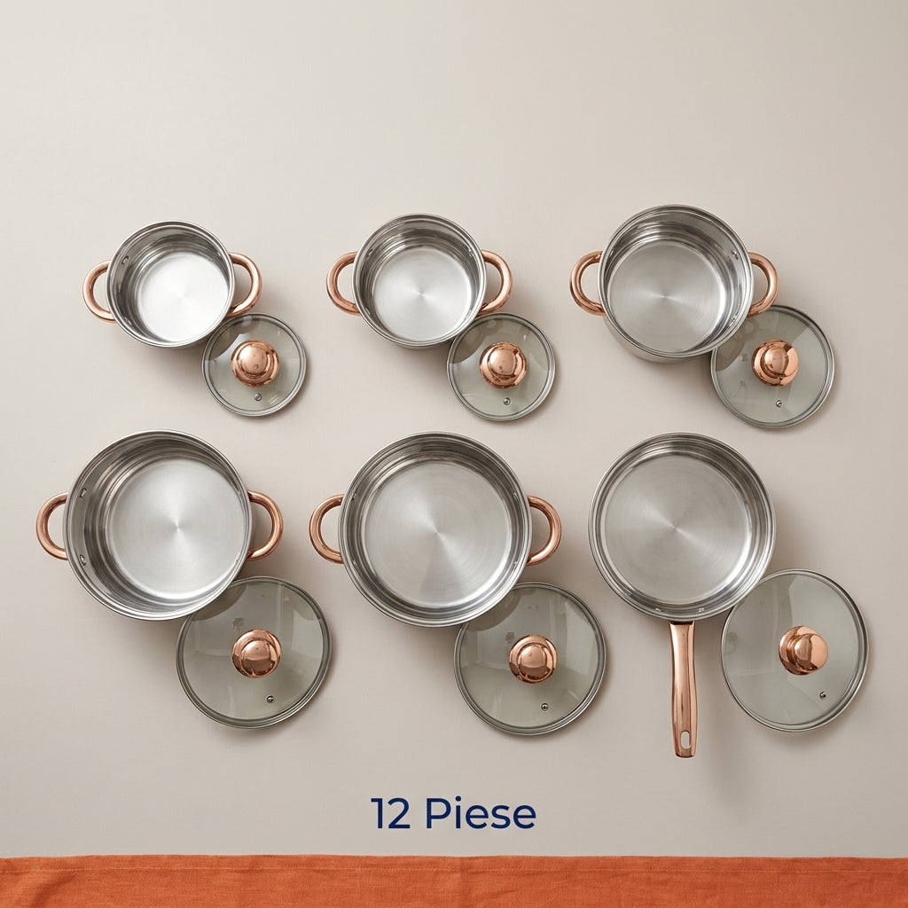 Set Oale și Tigaie Inox 12 Piese, 5 Straturi, Capace din Sticlă, Mânere Aramii, Compatibil Inducție
