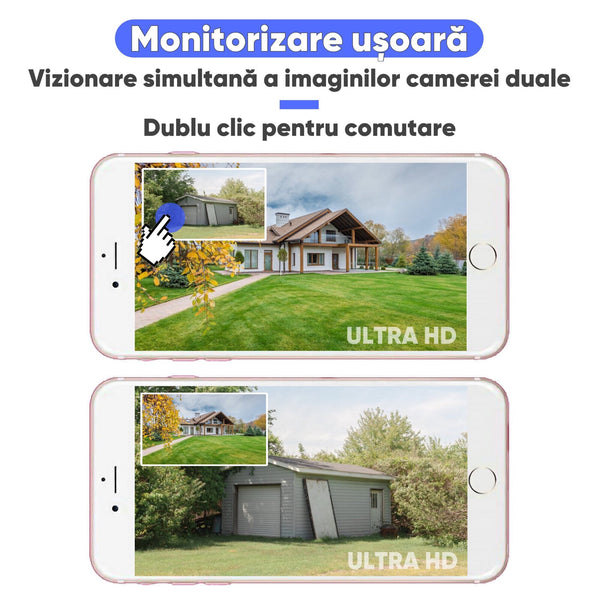 Set 2 Camere Supraveghere Dubla WiFi 6MP cu Panou Solar 8W, Baterie 8000mAh, Zoom 10X și Vedere Nocturnă Trendysale.ro
