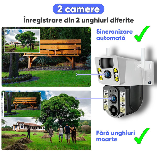 Set 2 Camere Supraveghere Dubla WiFi 6MP cu Panou Solar 8W, Baterie 8000mAh, Zoom 10X și Vedere Nocturnă Trendysale.ro