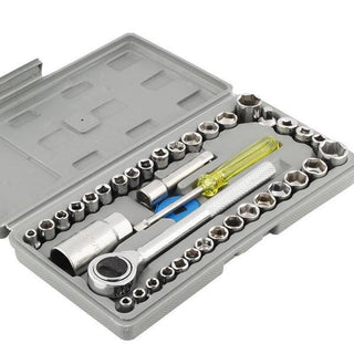 Set Chei Tubulare 40 Piese cu Accesorii, Maner Transport si Extensie, Otel Carbon, Crom, Arginti Trendysale.ro