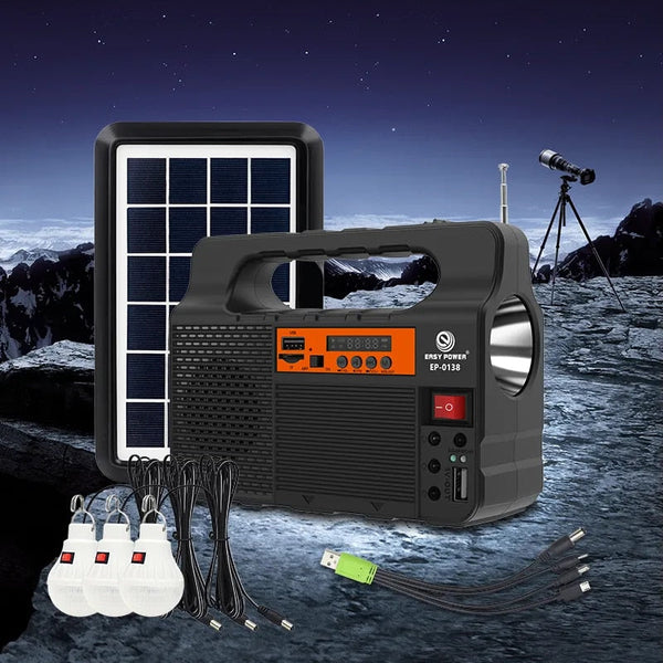 Sistem iluminare cu 3 becuri, lanterna, radio si baterie, 24W Trendysale.ro