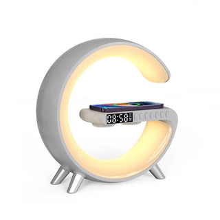 Statie Incarcare Wireless 3 in 1 cu lampa RGB, Boxa Bluetooth, Difuzor 5W, Ceas Digital Cu Alarma, Lumini Ambientale, Sincronizare muzicala, USB, FM Radio, MicroSD, Control Aplicatie, Alb Trendysale.ro