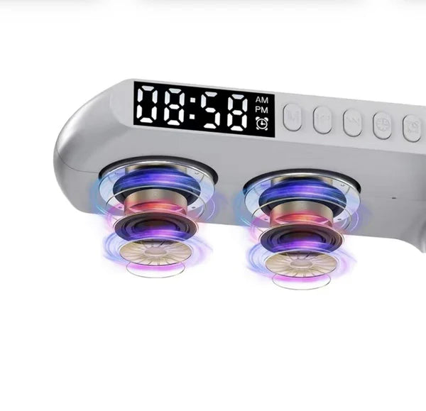 Statie Incarcare Wireless 3 in 1 cu lampa RGB, Boxa Bluetooth, Difuzor 5W, Ceas Digital Cu Alarma, Lumini Ambientale, Sincronizare muzicala, USB, FM Radio, MicroSD, Control Aplicatie, Alb Trendysale.ro