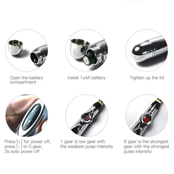 Stilou Electric pentru Masaj, Electrostimulare si Acupunctura Fara Ace, 9 Viteze, 3 Capete Interschimbabile Trendysale.ro