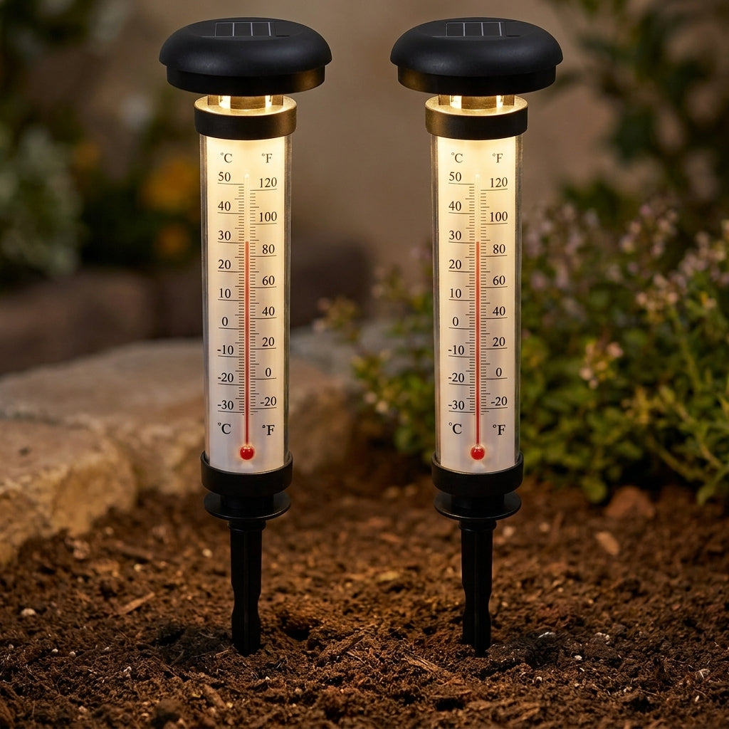 Set 2 Termometre Solare de Grădină cu Lumină LED, Scară Celsius/Fahrenheit și Țăruș