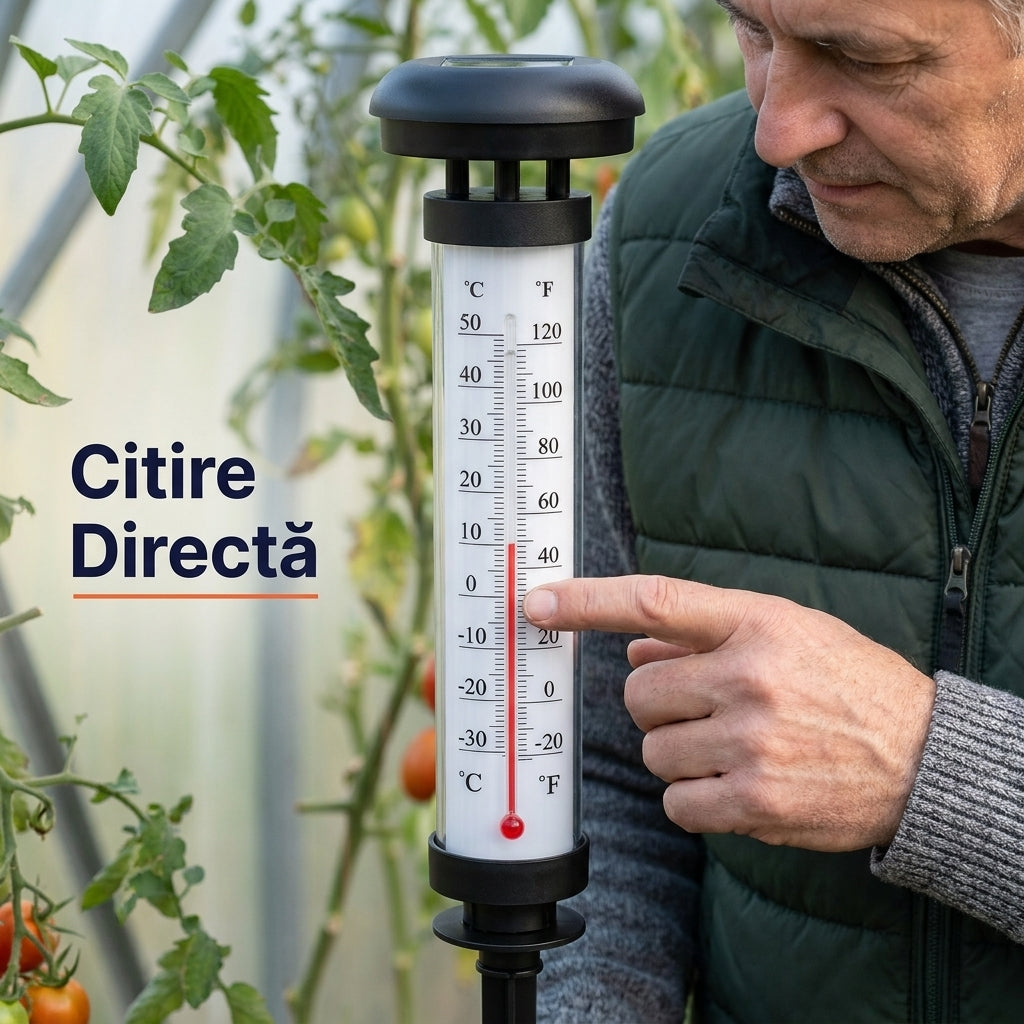 Set 2 Termometre Solare de Grădină cu Lumină LED, Scară Celsius/Fahrenheit și Țăruș