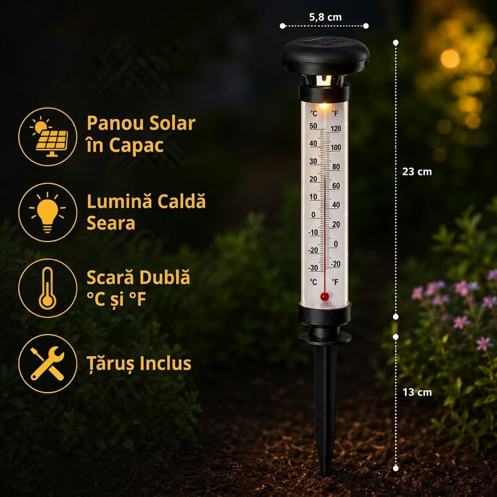 Set 2 Termometre Solare de Grădină cu Lumină LED, Scară Celsius/Fahrenheit și Țăruș