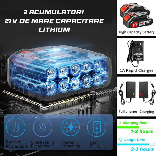 Trimmer electric cu 2 acumulatori 21V 2Ah, 2 Disc taiere 6 inch, 4 Lame Metalice, 10 Lame Plastic Trendysale.ro