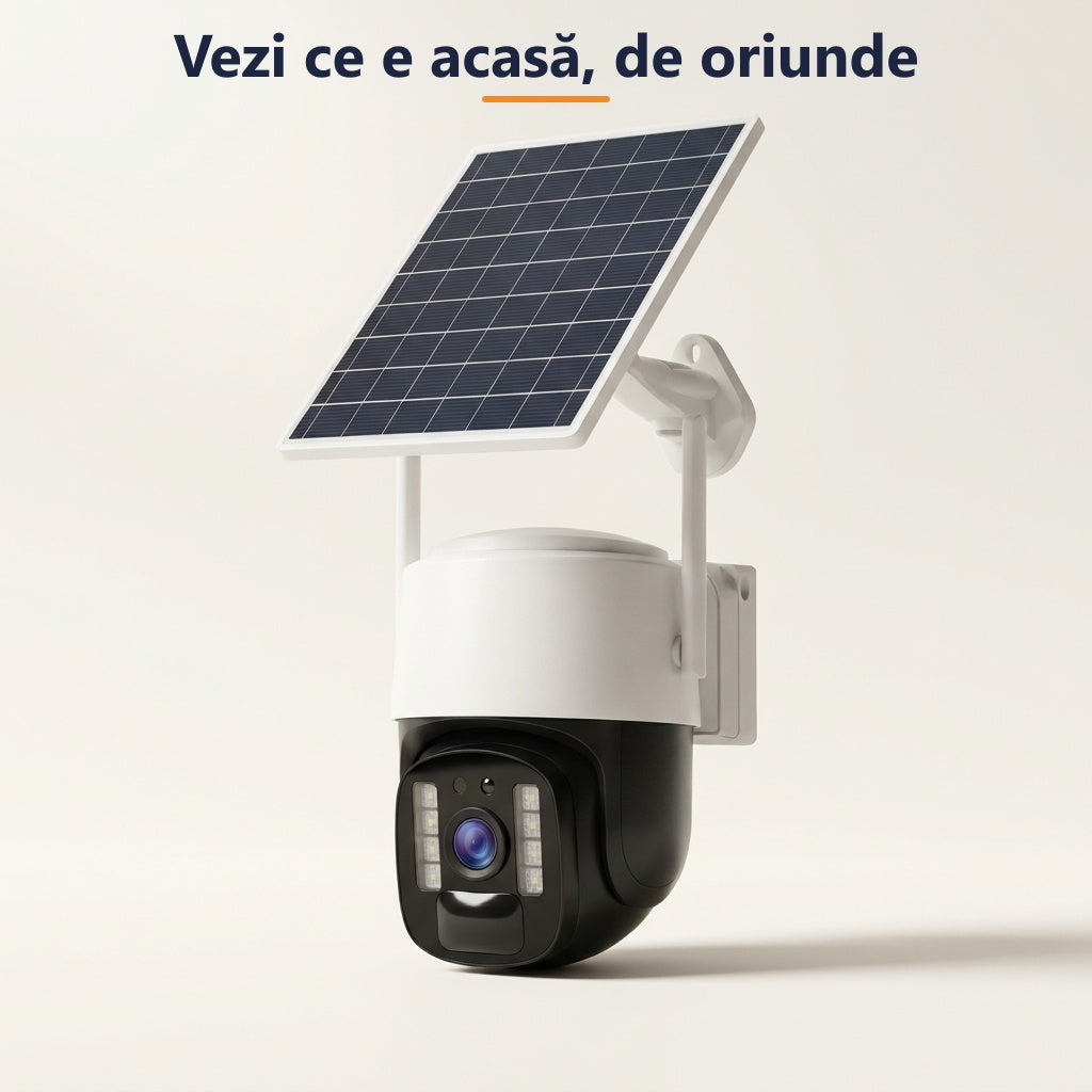 Cameră Supraveghere Solară 4G, 3MP, Rotire 350°, Audio Bidirecțional, Vedere Nocturnă Color