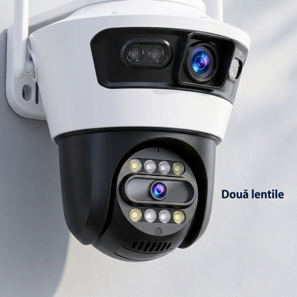 Cameră de Supraveghere WiFi JORTAN JT-4 cu Două Lentile 3MP+3MP, Imagine Dublă pe Telefon, Rotire 355°, Vedere Color Noaptea