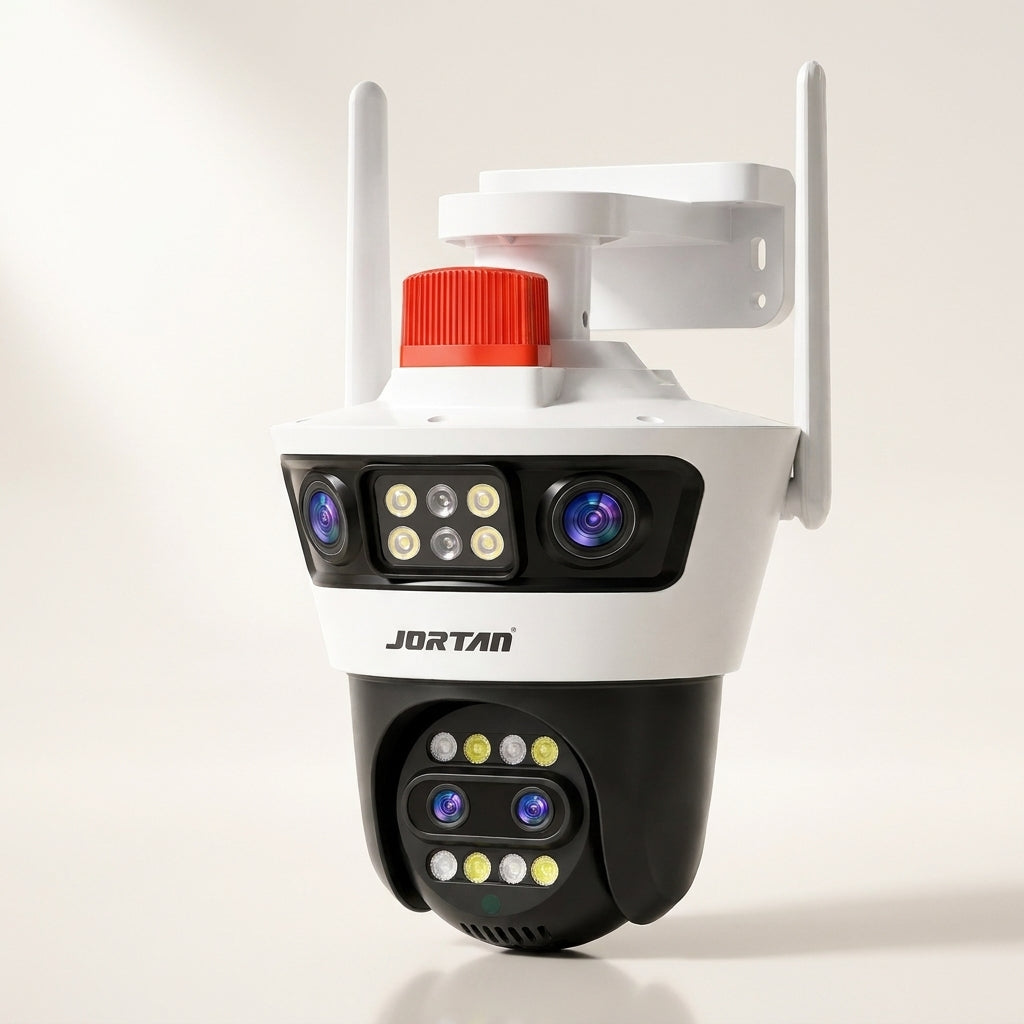 Cameră de Supraveghere WiFi JORTAN JT7 12MP cu 4 Lentile, Rotire 360°, Girofar cu Sirenă, Vedere Color Noaptea, Alerte pe Telefon