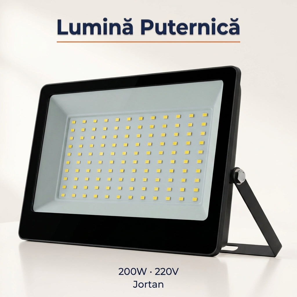 Proiector LED Jortan 200W IP67 pentru Exterior, 10000 Lumeni, 120 LED-uri, Lumină Caldă, cu Suport