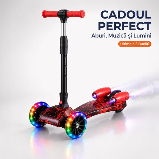 Trotinetă Bluetooth Copii - cu Aburi, Muzică și Lumini, Roșu